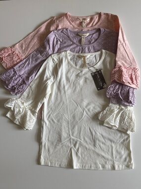 Three Matilda Jane Layering Eyelet Ruffle Sleeved Tops - White, Lavender, Pink